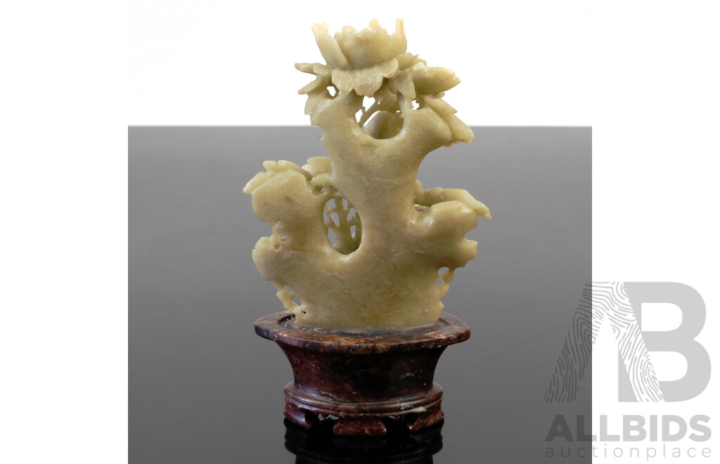 Chinese Carved Soft Stone Flower in Pot in Brass and Glass Display Case