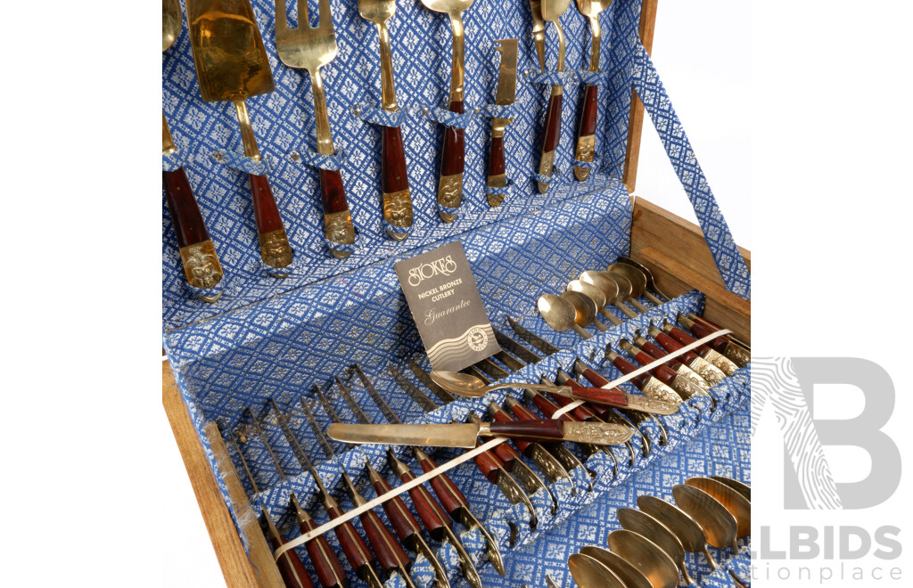 Thai Bronze Hand Crafted Stokes 101 Piece Flatware Set with Rosewood Handles in Two Level Wooden Canteen