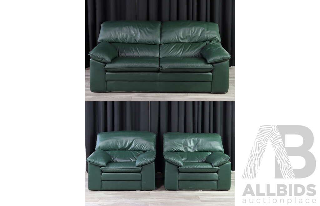 Green Leather Three Piece Lounge Suite by McCann