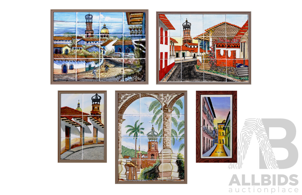 Sergio C (and Others), Date Unknown, Quite Lovely Collection of Five Vintage and Other Framed Hand Painted Tile Images, Four of Puerto Vallarta, Mexico & One of Sao Luis, Brazil, 46 x 36 cm (largest) (5)