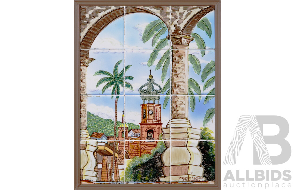 Sergio C (and Others), Date Unknown, Quite Lovely Collection of Five Vintage and Other Framed Hand Painted Tile Images, Four of Puerto Vallarta, Mexico & One of Sao Luis, Brazil, 46 x 36 cm (largest) (5)