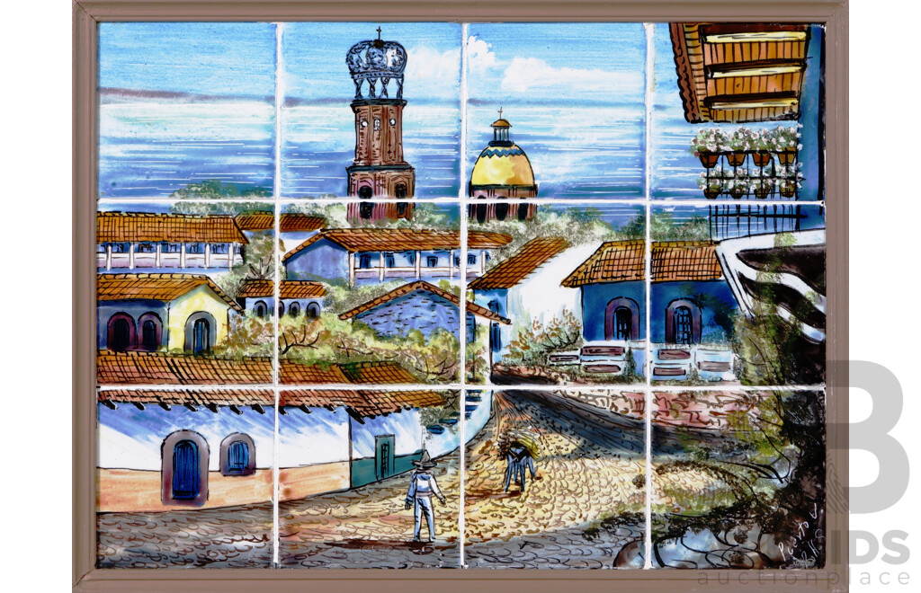 Sergio C (and Others), Date Unknown, Quite Lovely Collection of Five Vintage and Other Framed Hand Painted Tile Images, Four of Puerto Vallarta, Mexico & One of Sao Luis, Brazil, 46 x 36 cm (largest) (5)