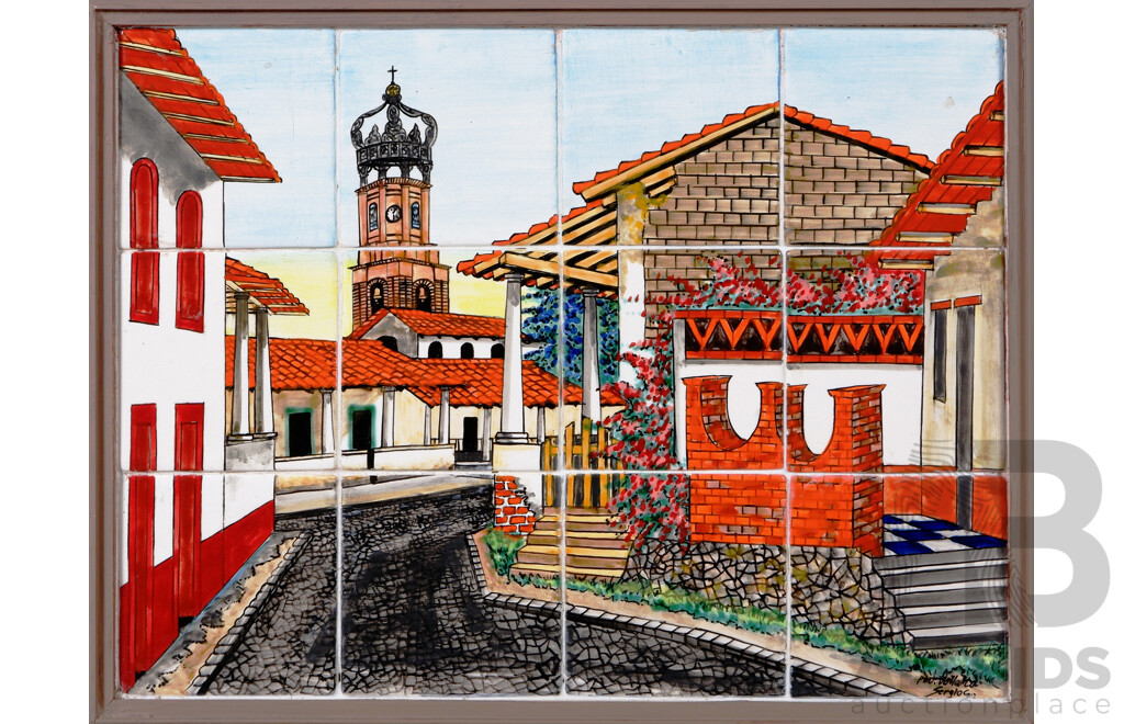 Sergio C (and Others), Date Unknown, Quite Lovely Collection of Five Vintage and Other Framed Hand Painted Tile Images, Four of Puerto Vallarta, Mexico & One of Sao Luis, Brazil, 46 x 36 cm (largest) (5)