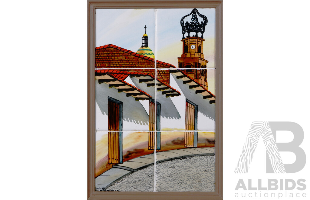 Sergio C (and Others), Date Unknown, Quite Lovely Collection of Five Vintage and Other Framed Hand Painted Tile Images, Four of Puerto Vallarta, Mexico & One of Sao Luis, Brazil, 46 x 36 cm (largest) (5)