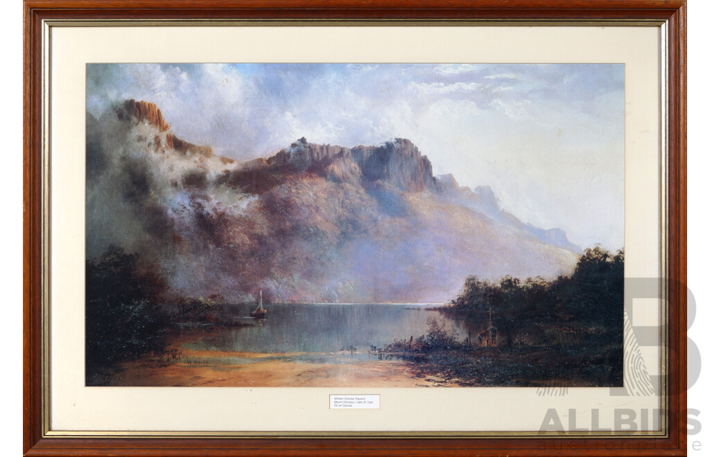 William Charles Piguenit, (19th-Early 20th Century, Australian, 1836-1914), Mt. Olympus, Lake St. Clair, Reproduction Vintage Print of the Original Oil on Canvas, 66 x 96 cm (frame)