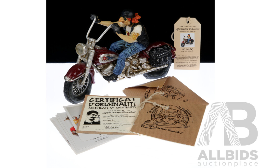 Limited Edition French the Comic Art of Guillermo Forchino Collectors Series, Le Biker, Number 00990 with Certificate of Authenticity,