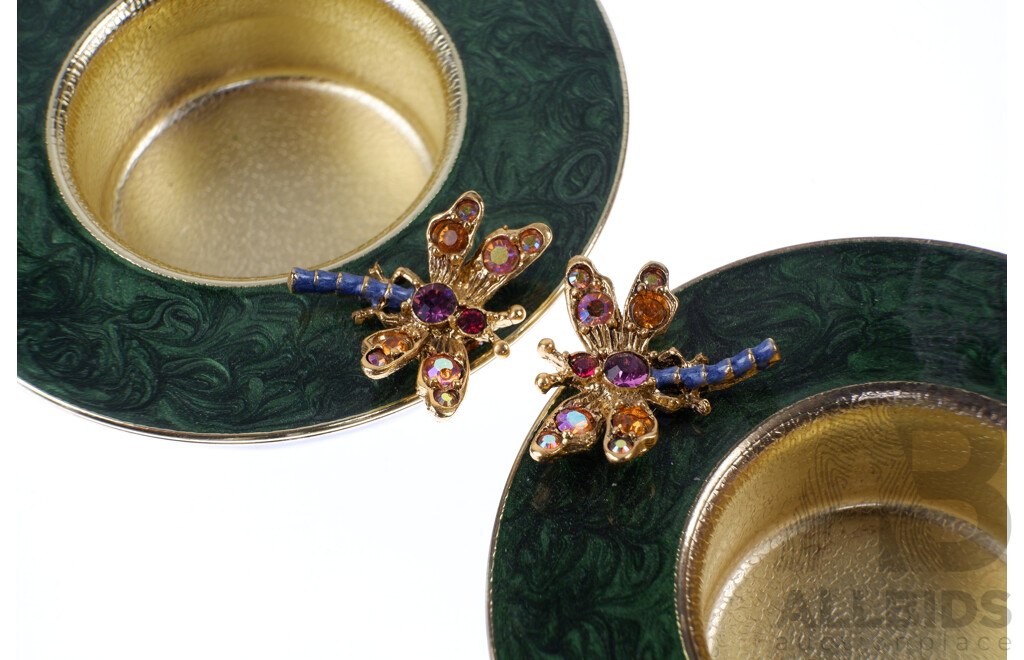 Pair Jay Strongwater Green Enameled Crystal Dragon Fly Candle Votives