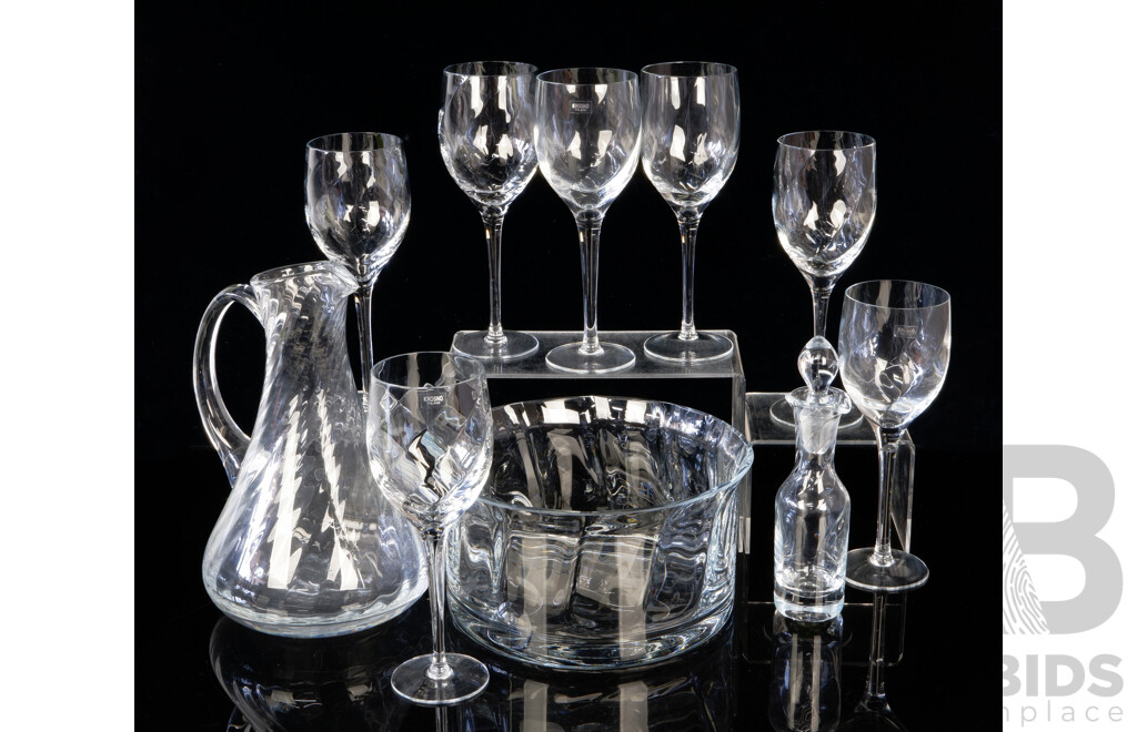 Collection Nine Krosno Polish Crystal Pieces with Twist Design Including Serving Bowl, Pitcher & Set Seven Wine Glasses