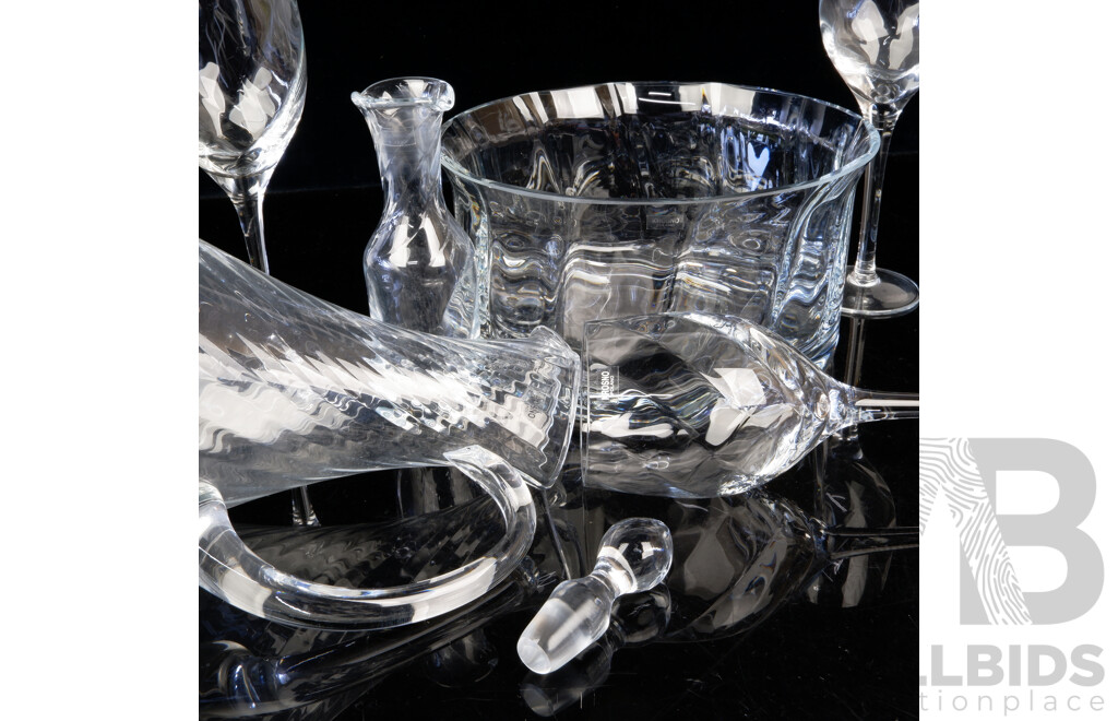 Collection Nine Krosno Polish Crystal Pieces with Twist Design Including Serving Bowl, Pitcher & Set Seven Wine Glasses