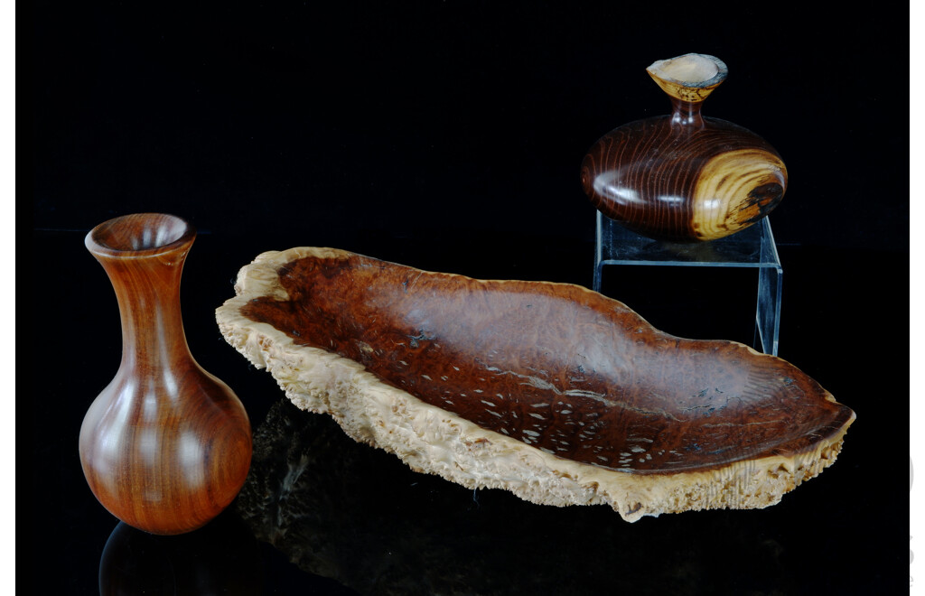 Collection Australian Handmade Wooden Items Comprising Mallee Burl Center Piece Dish by Merv Bailey, Along with Tasmanian Blackwood Vase & Smaller Mulberry Example