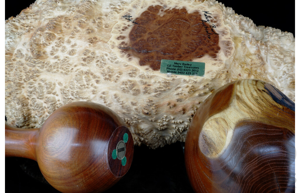 Collection Australian Handmade Wooden Items Comprising Mallee Burl Center Piece Dish by Merv Bailey, Along with Tasmanian Blackwood Vase & Smaller Mulberry Example