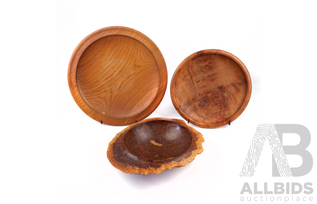 Collection Australian Hand Made Wooden Items Comprising Myrtle Dish by Simon Raffan, Red Mallee Burl Bowl by Ron Young & Large Tasmanian Blackwood Example