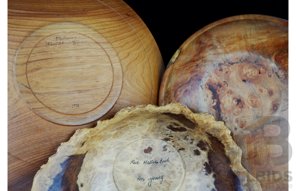 Collection Australian Hand Made Wooden Items Comprising Myrtle Dish by Simon Raffan, Red Mallee Burl Bowl by Ron Young & Large Tasmanian Blackwood Example