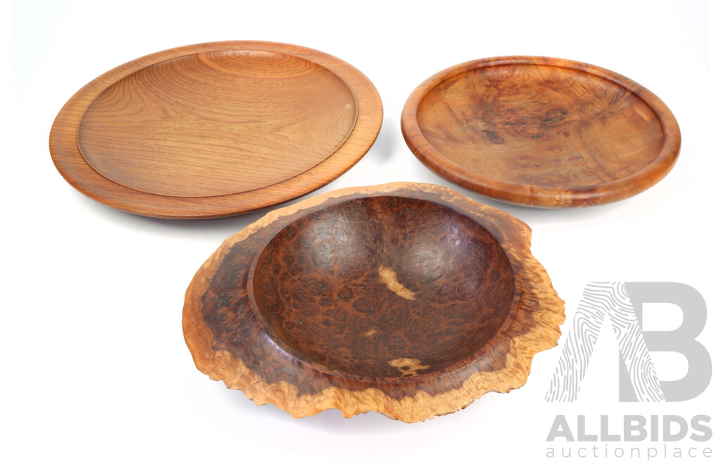 Collection Australian Hand Made Wooden Items Comprising Myrtle Dish by Simon Raffan, Red Mallee Burl Bowl by Ron Young & Large Tasmanian Blackwood Example