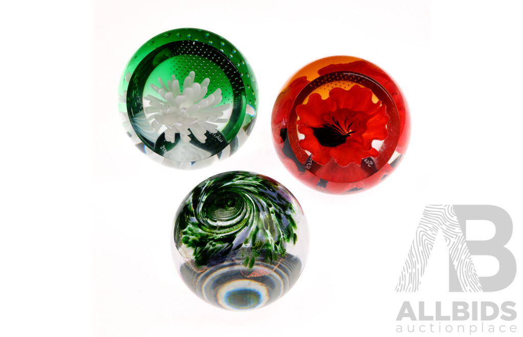 Collection Three Glass Paperweights Comprising Scottish Caithness White Aster & Red Poppy Examples Along with One Other