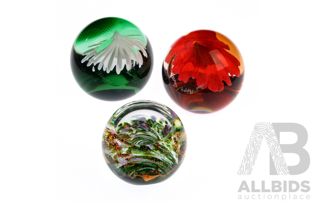 Collection Three Glass Paperweights Comprising Scottish Caithness White Aster & Red Poppy Examples Along with One Other