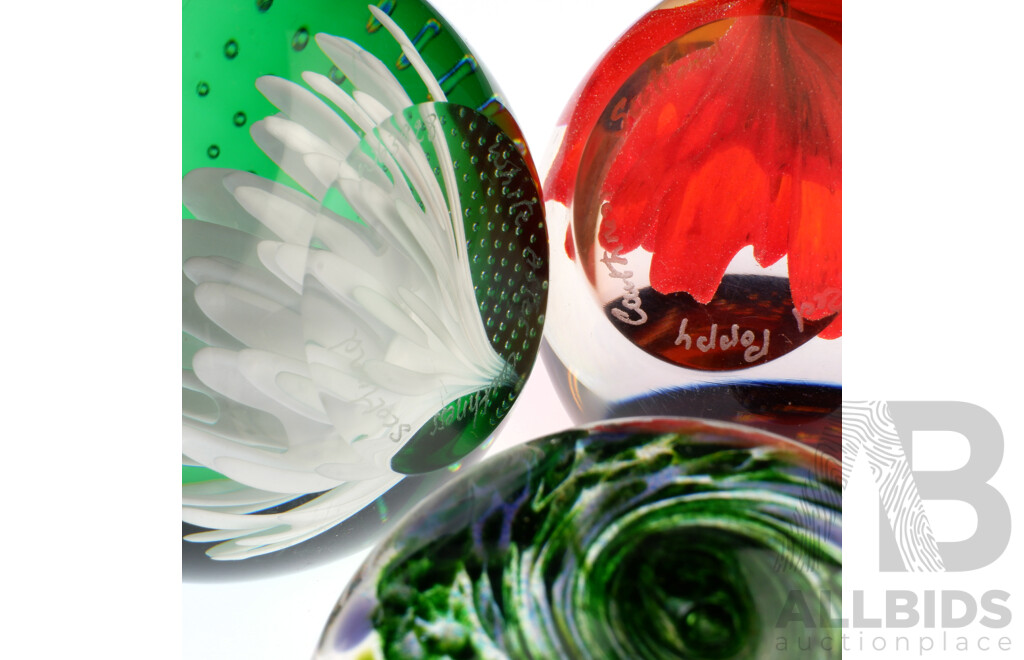 Collection Three Glass Paperweights Comprising Scottish Caithness White Aster & Red Poppy Examples Along with One Other