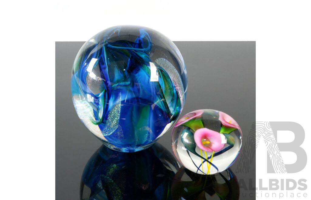 Large Studio Glass Paperweight with Aventurine Inclusions Along with Smaller Example with Internal Floral Detail by Scott Bayless, London