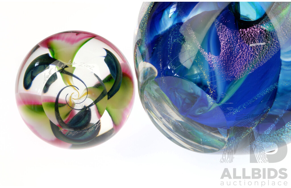 Large Studio Glass Paperweight with Aventurine Inclusions Along with Smaller Example with Internal Floral Detail by Scott Bayless, London