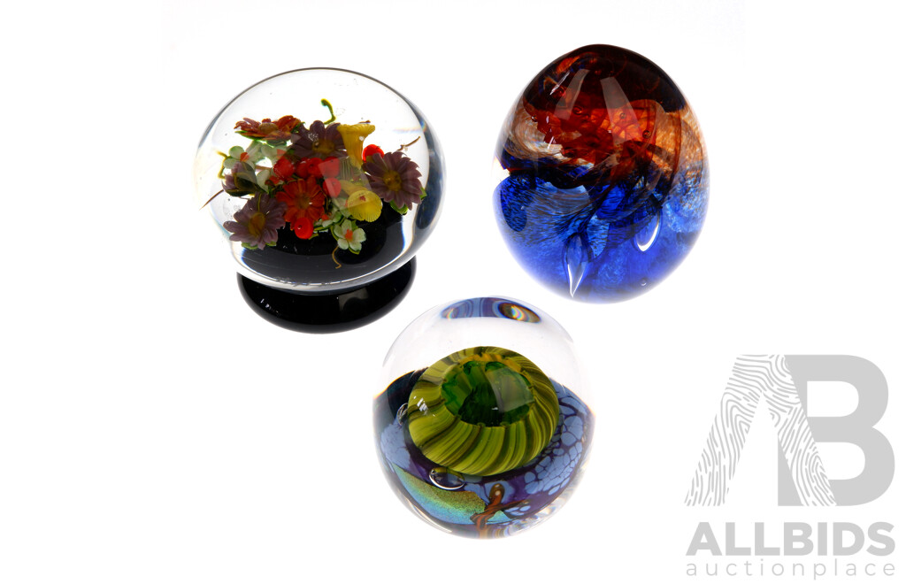 Collection Three Studio Glass Paperweights One with Initials to Base