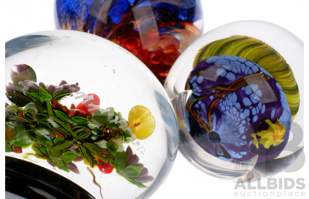 Collection Three Studio Glass Paperweights One with Initials to Base