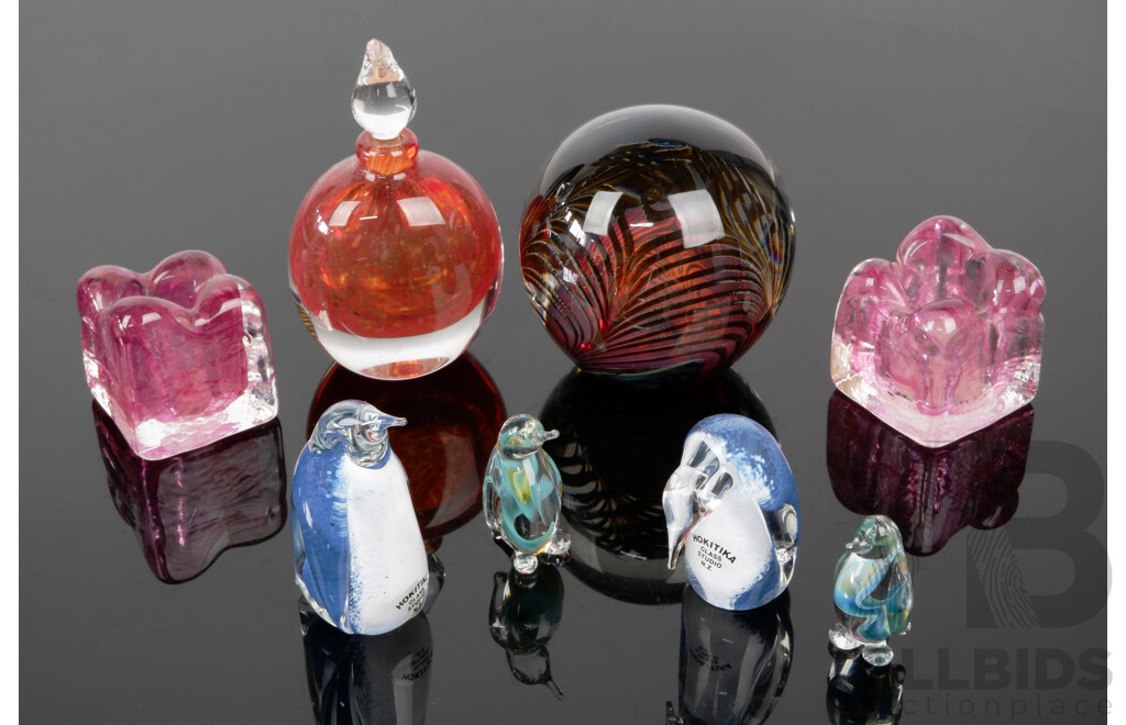 Collection Studio Glass Pieces Including Two Glass Penguins by Hokitika Glass NZ, Pair Candle Votive S and Paperweight by Adrian Sankey and More