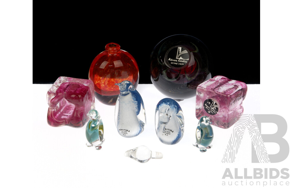 Collection Studio Glass Pieces Including Two Glass Penguins by Hokitika Glass NZ, Pair Candle Votive S and Paperweight by Adrian Sankey and More