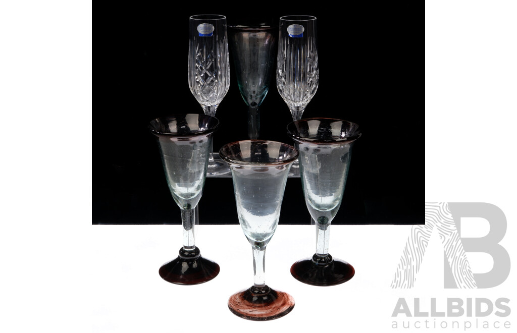 Set Four Retro Art Glass Goblets Along with Pair Royal Doulton Crystal Champagne Flutes