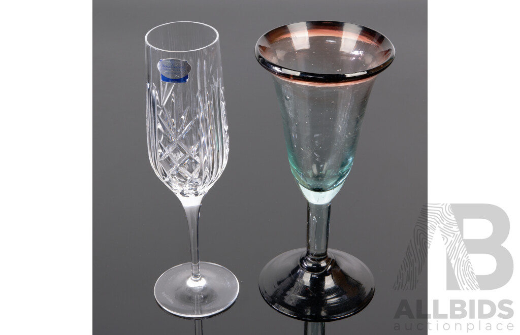 Set Four Retro Art Glass Goblets Along with Pair Royal Doulton Crystal Champagne Flutes