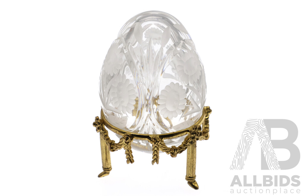 Faberge Crystal Egg with Engraved Floral Design on Sterling Silver Gilt Stand