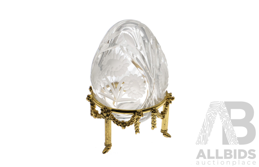 Faberge Crystal Egg with Engraved Floral Design on Sterling Silver Gilt Stand