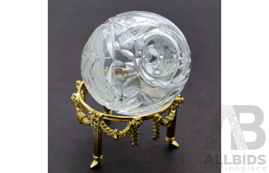 Faberge Crystal Egg with Engraved Floral Design on Sterling Silver Gilt Stand