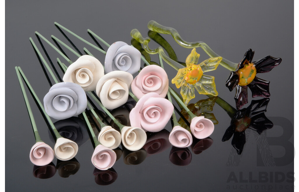 Two Studio Art Glass Flowers Along with Bunch Ceramic Roses