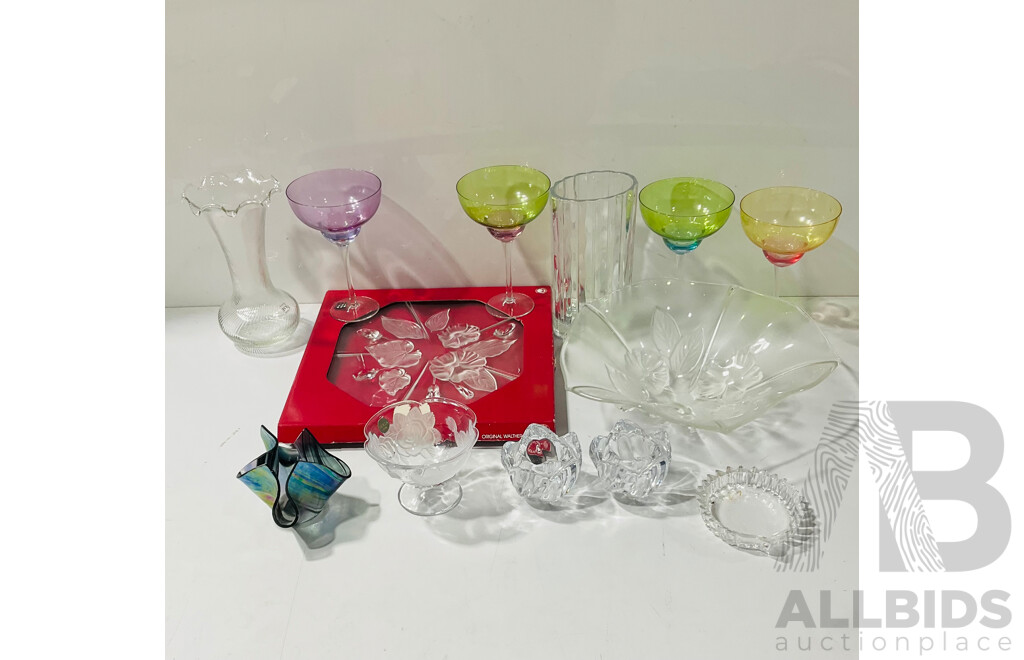 Collection Designer Glassware Including Set Four Harlequin Goblets by Circle Wear Design, Italian IVV Glass Vase with Swirl Detail, Walther Glas Platter in Original Box and More