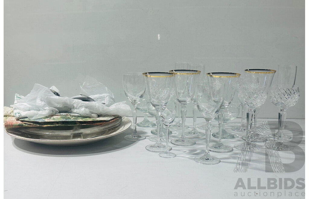 Large Collection Stemware Along with Decorator Platters, Stainless Steel Japan Flatware Set and More