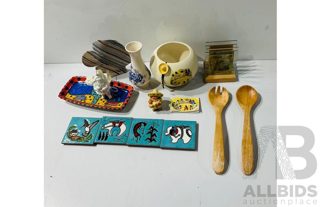 Collection Decorator Items Including Mexican Souvenir Ware Items, Set Four Coasters by Teissedre Design, Banded Stone Angelfish Figure, Delft Vase and More