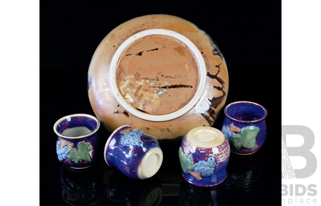 Studio Pottry Raku Glazed Dish Along with Set Four Wine Mugs with Applied Grape and Vine Design