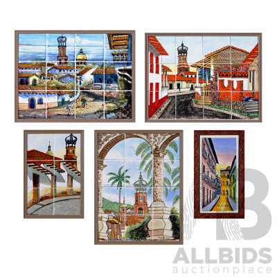 Sergio C (and Others), Date Unknown, Quite Lovely Collection of Five Vintage and Other Framed Hand Painted Tile Images, Four of Puerto Vallarta, Mexico & One of Sao Luis, Brazil, 46 x 36 cm (largest) (5)