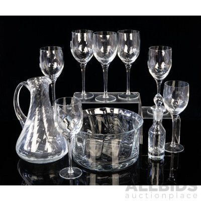 Collection Nine Krosno Polish Crystal Pieces with Twist Design Including Serving Bowl, Pitcher & Set Seven Wine Glasses