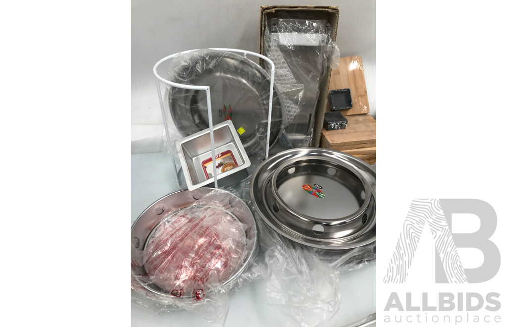 Assorted Catering and Kitchen Equipment Incuding Chopping Boards, Wok Holder, Brushes, and More