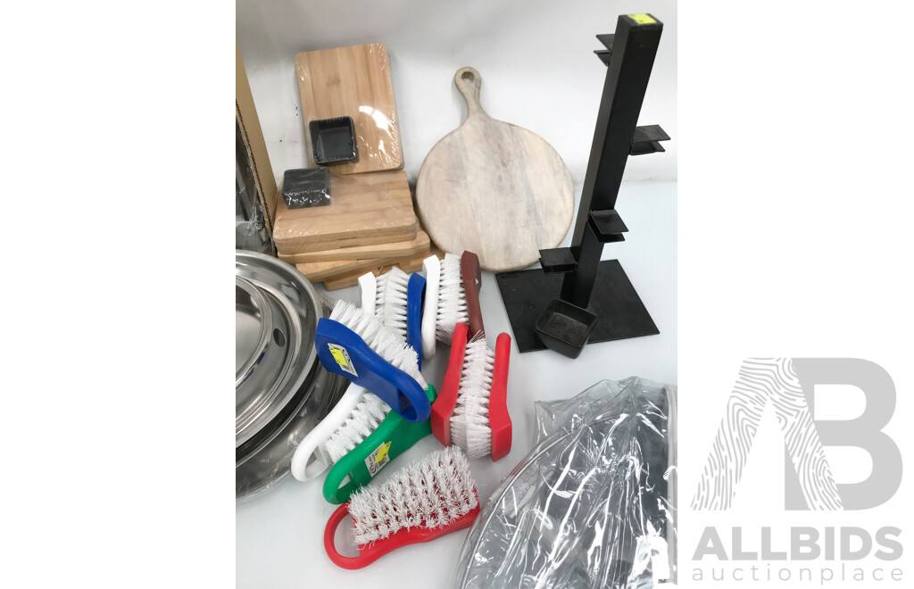 Assorted Catering and Kitchen Equipment Incuding Chopping Boards, Wok Holder, Brushes, and More