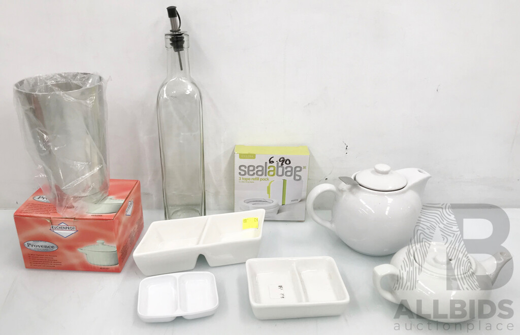 Assorted Kitchenware Including Teapots, Sauce Bottles, Dipping/Appetizer Dish, and More