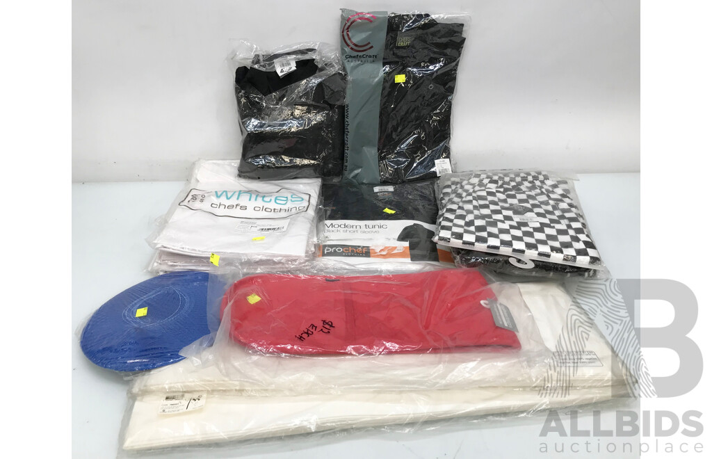 Bulk Lot of Assorted Culinary Wear Including Hats, Apron, Pants, and More