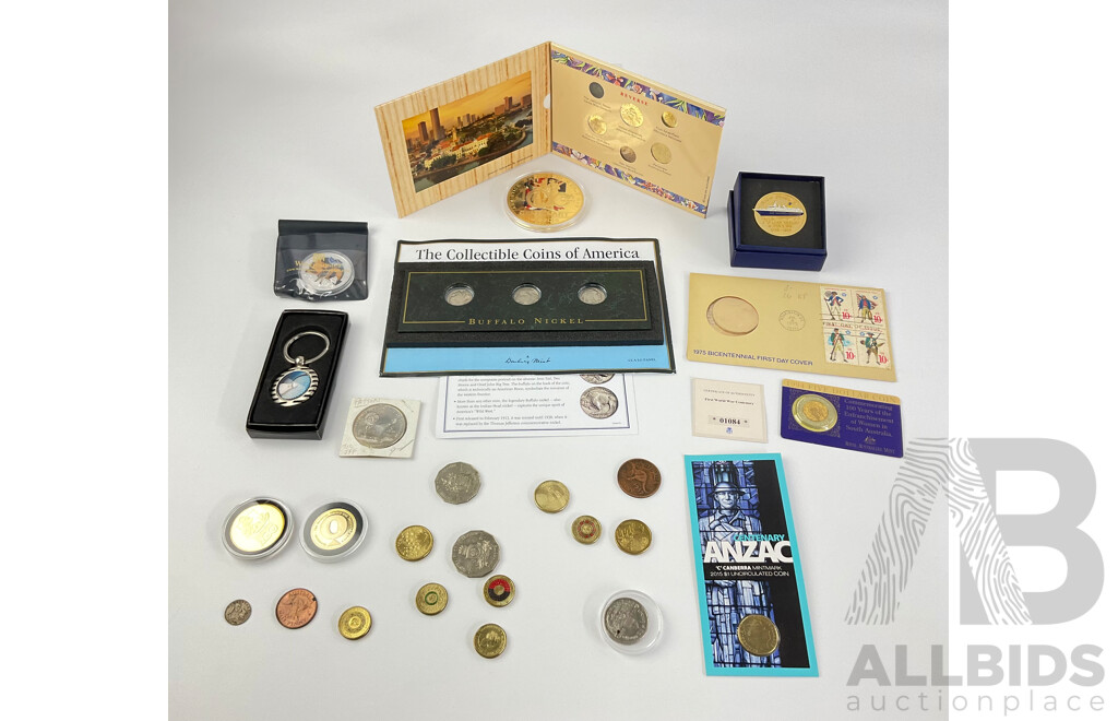 Collection of International Commemorative Coins Including Australian Two Dollars, 2021 Aboriginal Flag, 2021 Ambulance Service, 1994 Five Dollar, USA Buffalo Nickel, 1975 Bicentennial First Day Cover