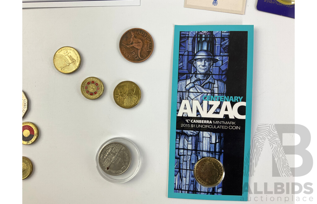 Collection of International Commemorative Coins Including Australian Two Dollars, 2021 Aboriginal Flag, 2021 Ambulance Service, 1994 Five Dollar, USA Buffalo Nickel, 1975 Bicentennial First Day Cover