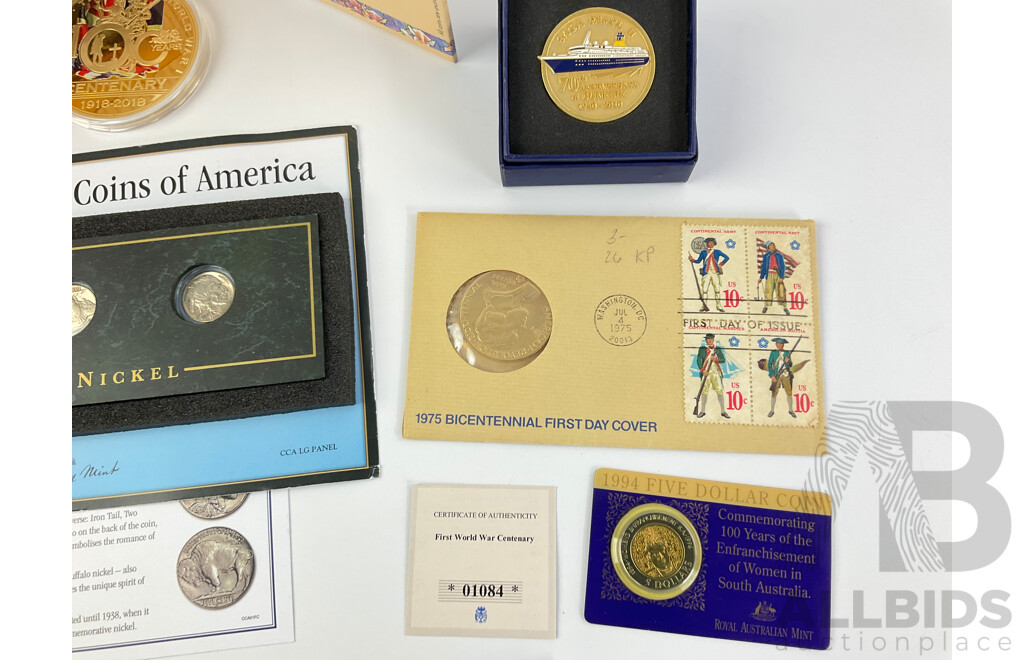 Collection of International Commemorative Coins Including Australian Two Dollars, 2021 Aboriginal Flag, 2021 Ambulance Service, 1994 Five Dollar, USA Buffalo Nickel, 1975 Bicentennial First Day Cover