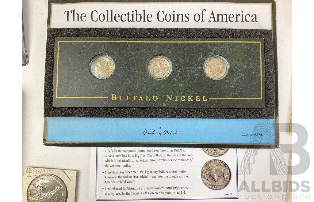 Collection of International Commemorative Coins Including Australian Two Dollars, 2021 Aboriginal Flag, 2021 Ambulance Service, 1994 Five Dollar, USA Buffalo Nickel, 1975 Bicentennial First Day Cover