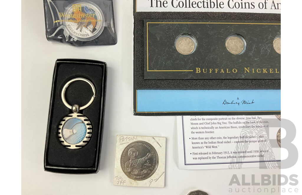 Collection of International Commemorative Coins Including Australian Two Dollars, 2021 Aboriginal Flag, 2021 Ambulance Service, 1994 Five Dollar, USA Buffalo Nickel, 1975 Bicentennial First Day Cover