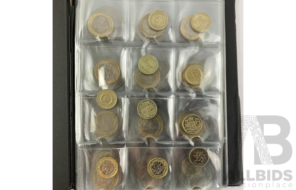 Collection of International Coins Including United Kingdom Commemorative One and Two Pound, Fifty Pence, Crowns, USA, Egypt