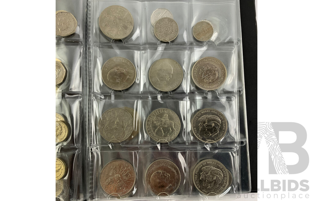 Collection of International Coins Including United Kingdom Commemorative One and Two Pound, Fifty Pence, Crowns, USA, Egypt